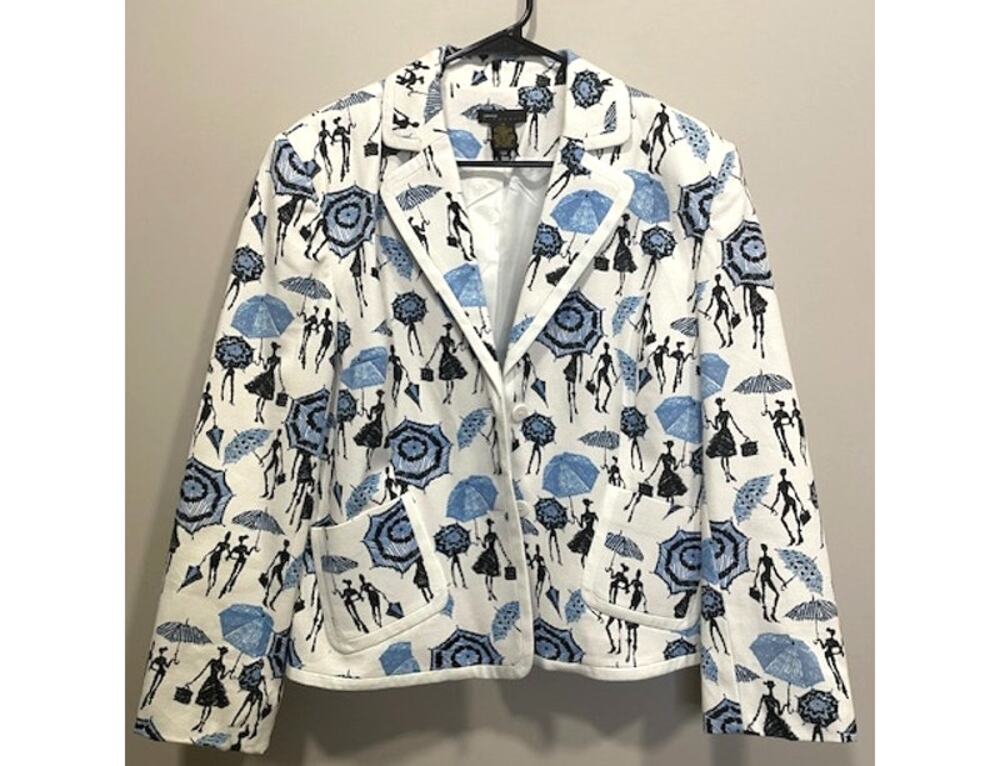 White Blue Fashion Print Cotton Blend Blazer Embroidered Women's Sz 14